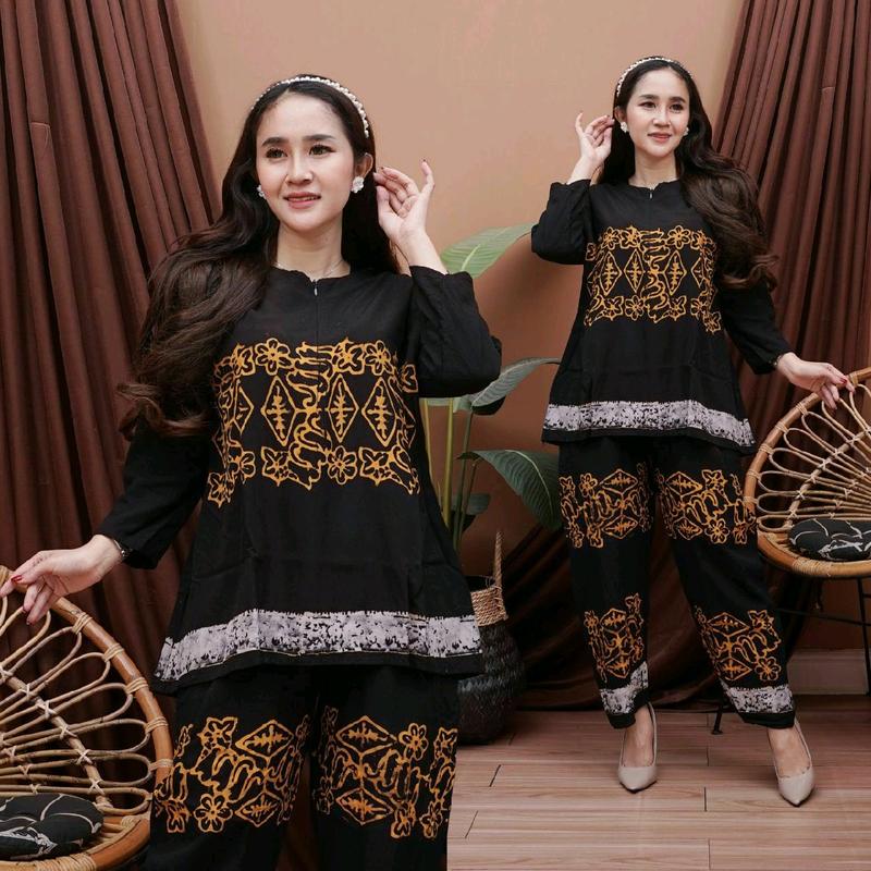 piyama baju tidur wanita dewasa setelan celana panjang busui rayon nyaman tebal lembut santai busui abstrak kekinian Motif Pendek 3