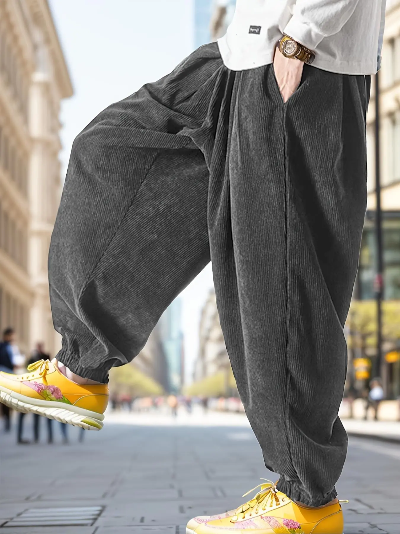 Men's Solid Pocket Corduroy Pants, Loose Casual Comfy Joggers Trousers for Spring & Fall, Men's Bottoms for Daily Wear