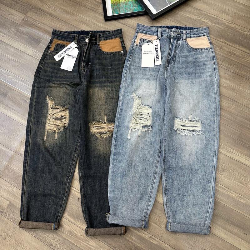 TIENSTYLE - Quần Jean Baggy Nữ Túi Nâu Cào Rách Gối Quần Dài Nữ Bigsize 90kg Chất Denim Mềm Women Pants - Pants