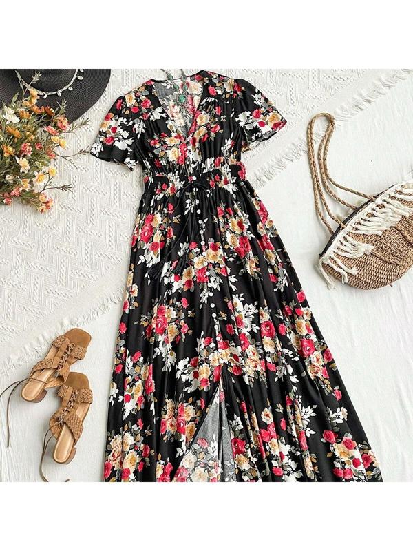 Floral Print Tie Button Front A Line Long Dress, Chic Sun Dress, Frenchy Dress in Club, Dresses, Boho V Neck Long Milkmaid Dress, Homecoming Dresses, Shortsleeve Dresses for Women, Boho Clothes Women 6