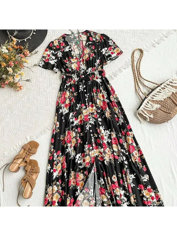 Floral Print Tie Button Front A Line Long Dress, Chic Sun Dress, Frenchy Dress in Club, Dresses, Boho V Neck Long Milkmaid Dress, Homecoming Dresses, Shortsleeve Dresses for Women, Boho Clothes Women 6