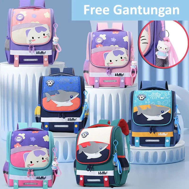 Tas Ransel Motif Fashion Anak TK Kitty & Shark Ukuran 32cm Free Gantungan  | 0609 Kivaro 1