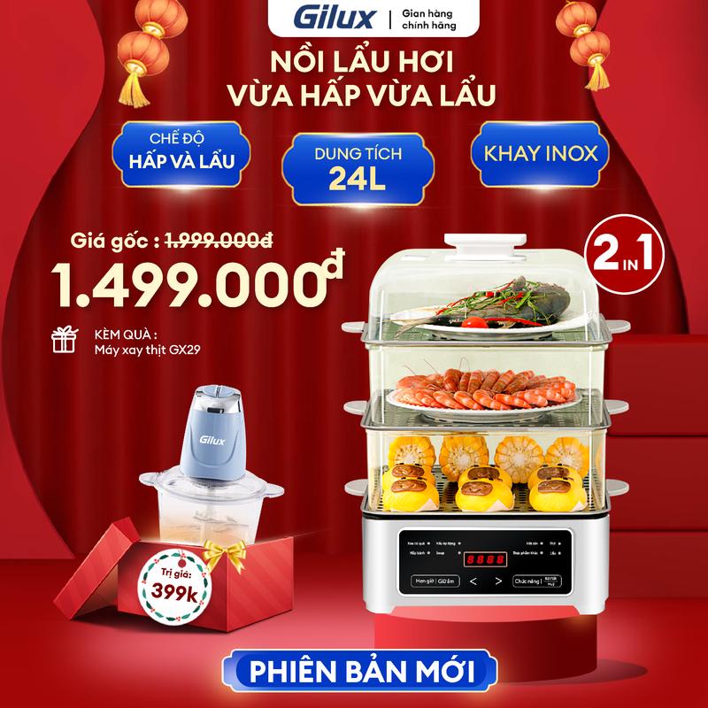 [Mua 1 Tặng 1] - Lẩu Hơi Đa Năng 3 Tầng Dung Tích  24L - Khay Hấp Inox - 8 Chức Năng Hấp Lẩu + máy xay đa năng