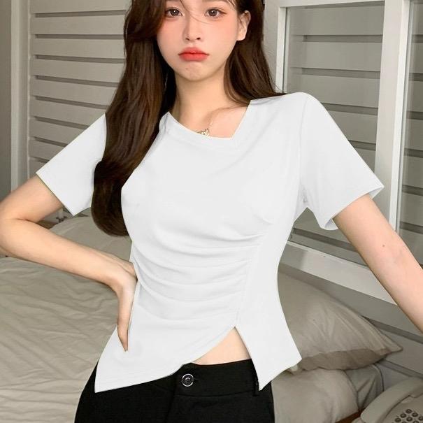 Áo thun bigsize ngắn tay, Áo thun chất borip cổ lệch cách điệu nhún eo vạt bầu hack dáng - A40