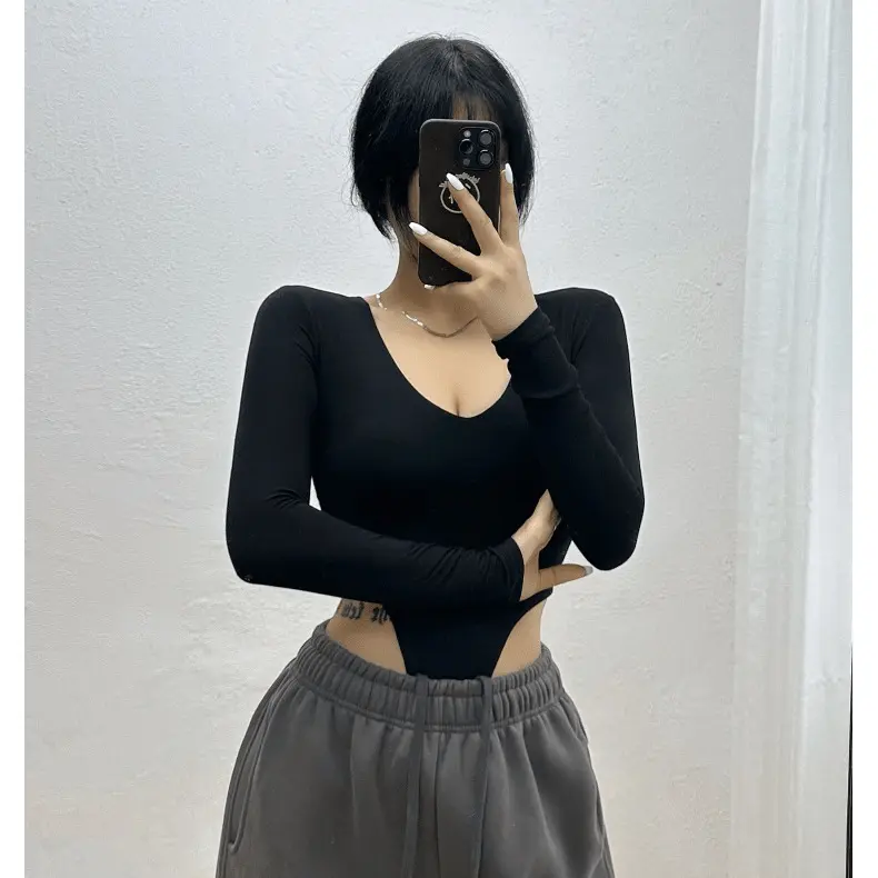 Áo Jumpsuit Quần Dài Tay, Màu Đen, Dành Cho Nữ, Phong Cách Âu Mỹ Dáng Ôm, Trang Phục Hở Eo, Cổ Chữ V, Đáy Quần Top 4