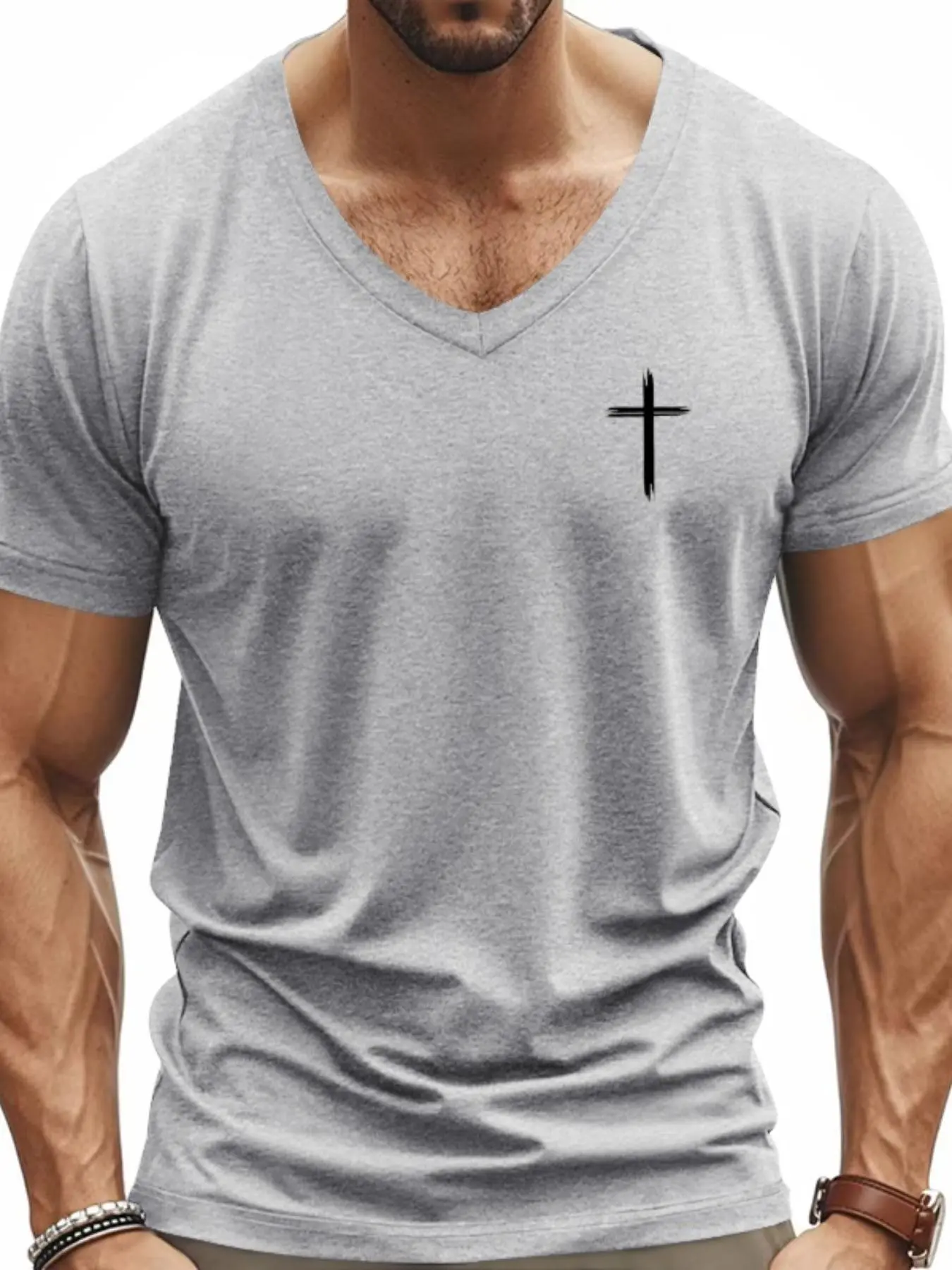 Men's Cross Print V Neck Tee, Regular Fit Casual Short Sleeve T-shirt for Summer, Men's Top for Daily Wear