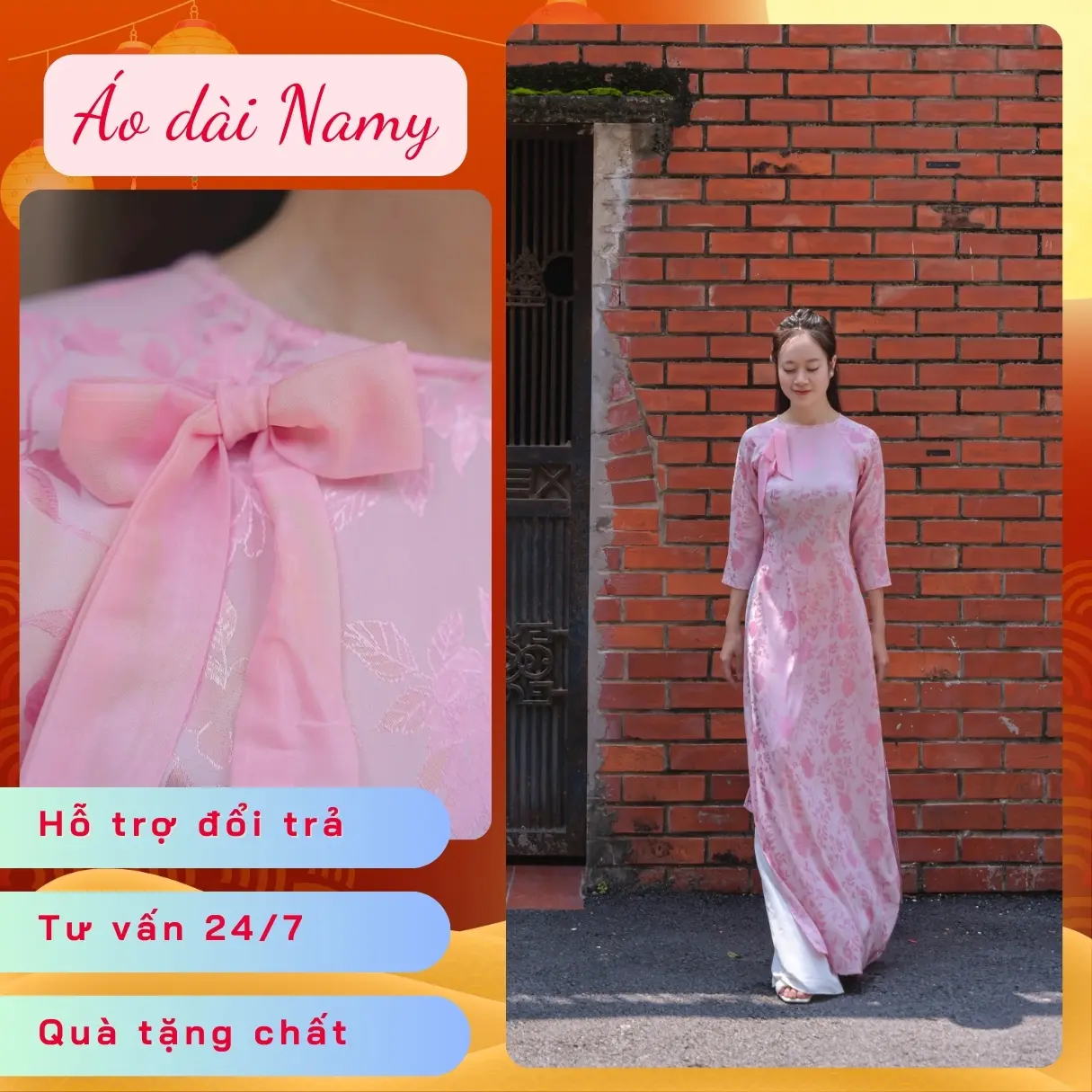 Áo Dài Gấm Hoa Gắn Nơ Phom Dáng Truyền Thống Màu Hồng Cổ Tròn Hottren 2024 Namy AD1006