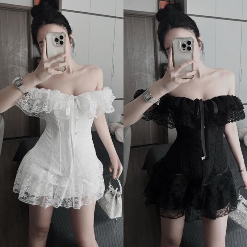 Set đồ đi tiệc áo trễ vai phối ren mix chân váy ren tầng xinh xắn phù hợp cho cô nàng điệu đà gợi cảm Nữ Đen Women Voi botieuthu Trắng
