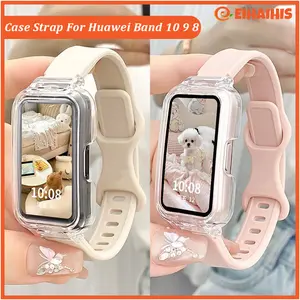 Tali Jam Tangan Anti Gores Transparent PC Case Silicone Strap for Huawei Band 10/9/8 Hard Frame Protective Cover Bumper Cover Screen Protector Soft Silikon Wristband Rubber Band Accessories Smartwatch for Huawei Band 10 9 8 NFC