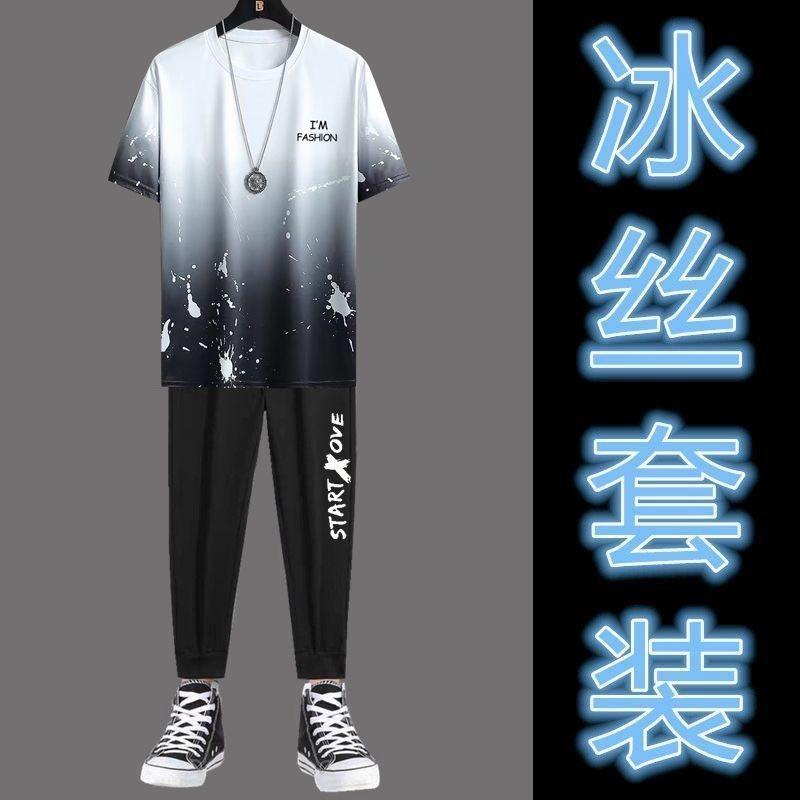 Product Introduction of 2PCS Men Suit Fashion All-Match Sports Running Fitness Top Pants Thin Casual Sports Suit Ice Silk Short Sleeve New Gradient T-shirt Cropped Pants Casual Pants 7