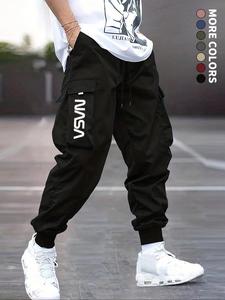 Men's Casual Loose Fit Nasa Print Cargo Pants, Drawstring Waist, Patchwork Design, All Seasons Wear, Street Style Joggers