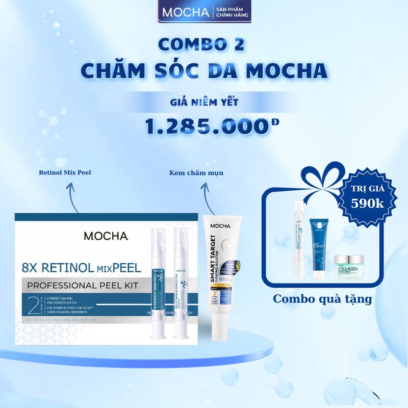 Combo 2 Sản Phẩm Chăm Sóc Da Mocha Gồm Retinol Mix Peel+ Kem chấm mụn Smart Target + Tặng 1 sữa rửa mặt b5, 1 kem dưỡng clg, 1 ống tinh chất b5