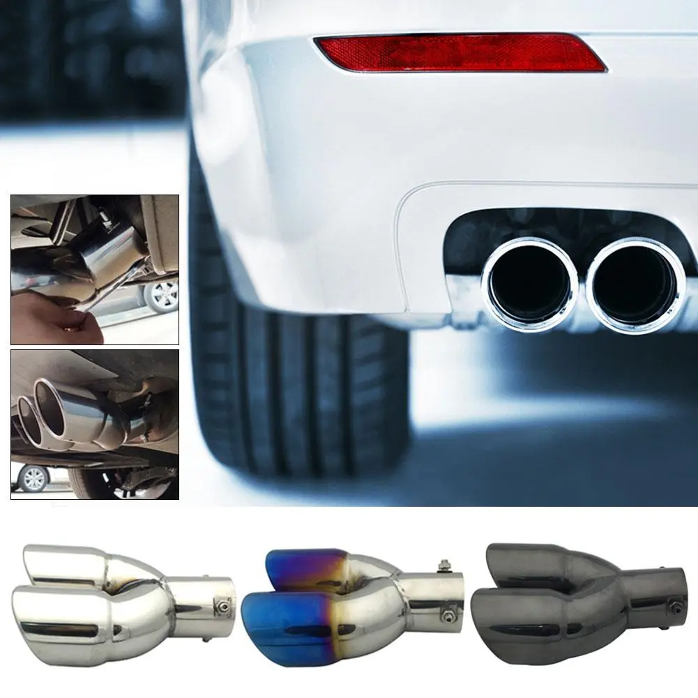 Universal Car Exhaust Pipe Stainless Steel Dual Rear Noise Canceller Muffler Tail Pipe Double Outlet Tailpipe #431383