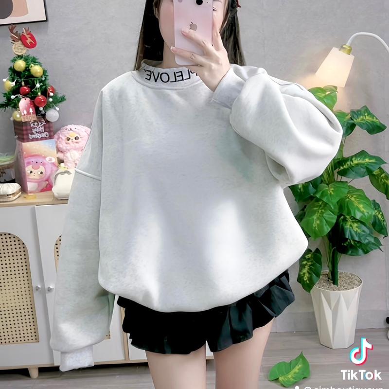 [FREESHIP] ÁO SWEATER NỈ BÔNGTHÊU CỔ CAO BO CHUN CO GIÃN NHIỀU SIZE FORM BOXY WOMEN TOP xinh  đỏ pocket Cotton Nhung Hoodie