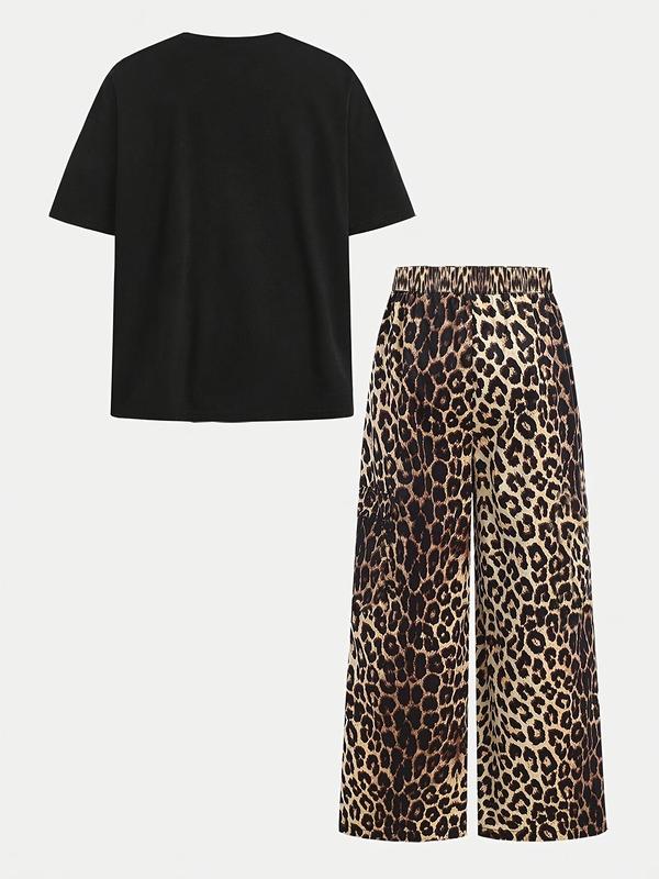 Two-piece Set Girl's Leopard Letter Print Tee & Pants Set, Casual Fashion Round Neck Short Sleeve T-shirt & Trousers for Daily Outdoor Wear, Kids Clothing for Summer, Rounded Neck 4