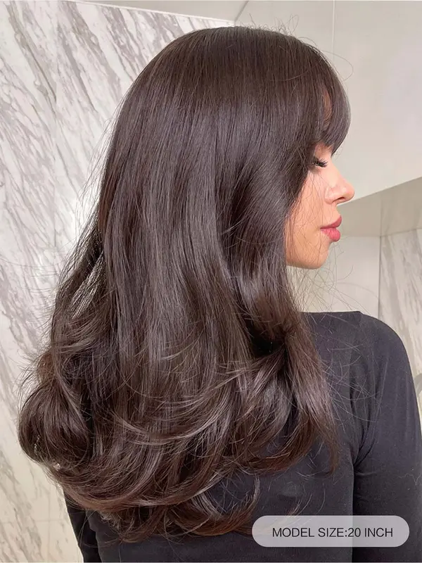 Natural Looking Long Body Wavy Wigs for Women, Gorgeous Fluffy Wigs with Air Bangs, Synthetic Full Machine Wigs for Party Photography, Daily Use 3