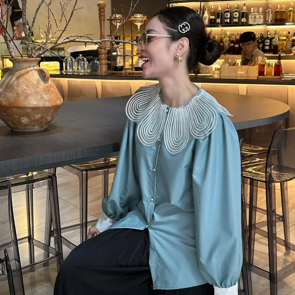 Áo sơ mi thiết kế phối cổ dệt basic