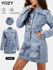 YOZY Women's Denim-effect Print Button Pocket Dress, Casual Long Sleeve Collared Dress for Spring & Fall, Women's Clothes for Daily Wear