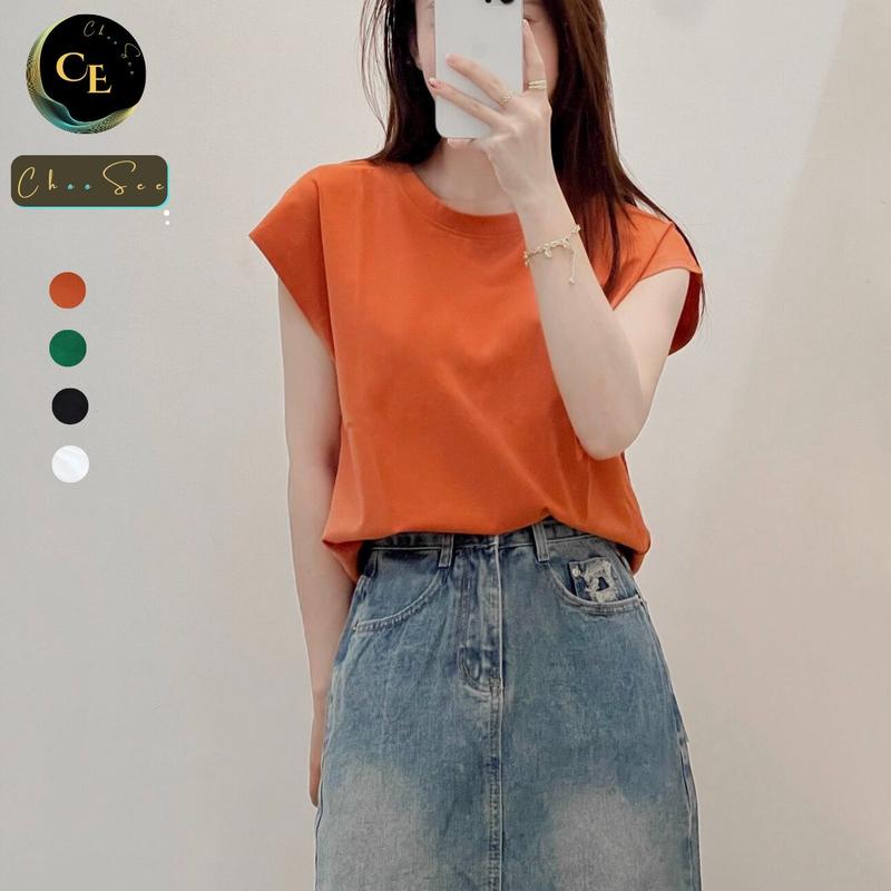 Áo phông nữ cộc tay cổ tròn chất thun cotton mềm mịn thấm mồ hôi không nhão vải kiểu tay hến phong cách thời trang CHS210 4