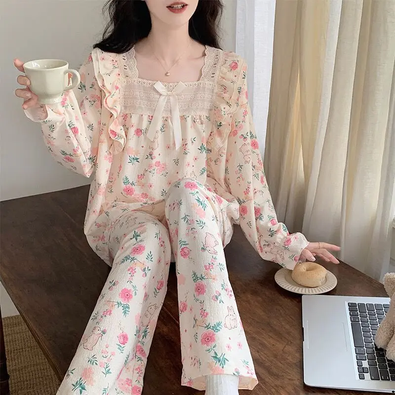 Bộ Đồ Ngủ Nữ, Phong Cách Ngọt Ngào, Cổ Áo Vuông, Bộ Quần Dài Áo Dài Tay, Thích Hợp Cho Mùa Xuân Và Mùa Thu, Phong Cách Ins Người Nổi Tiếng Trên Internet, Dáng Rộng Thích Hợp Cho Mùa Thu, Mặc Nhà, Trang Phục Ký Túc Xá
