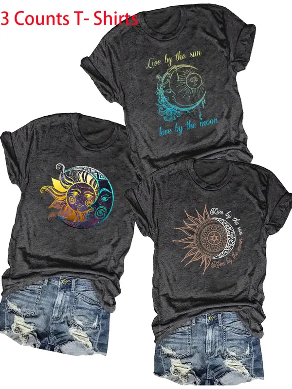 Women's Sun & Moon Print Round Neck Graphic Tee, Summer Clothes Women, Casual Short Sleeve T-Shirt for Summer, Women's Top for Daily Wear 7