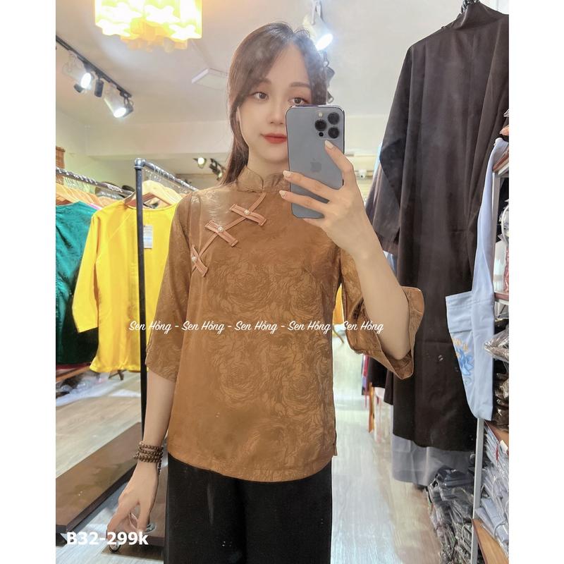 ĐỒ LAM ĐI CHÙA LỤA GẤM XINH # quần áo đi lễ đi chơi # pháp phục nữ vải lụa mềm nhẹ cổ tàu cúc chéo truyền thống B32 8