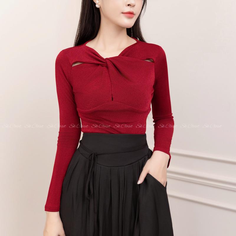 Áo Thun Nữ Tay Dài Xoắn Ngực Cutout Vai chất thun nhũ cao cấp siêu co giãn mềm mịn đẹp sang trọng thanh lịch