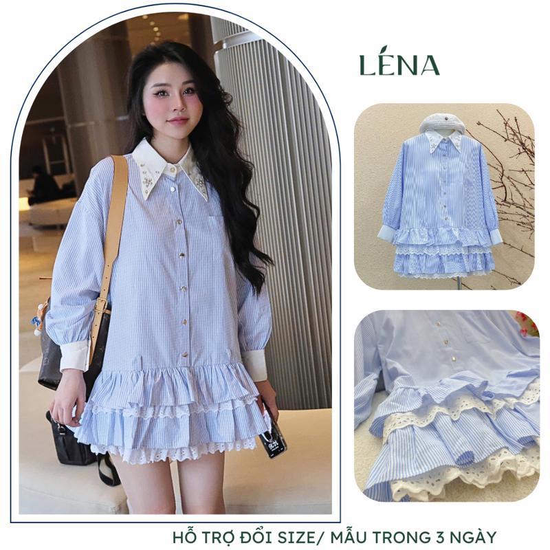 Đầm sơ mi kẻ sọc xanh biển,Váy babydoll tay dài cố đính đá phối bèo ren cao cấp LENA 3122 Nữ Women vivian dress Cotton Cổ sơ mi