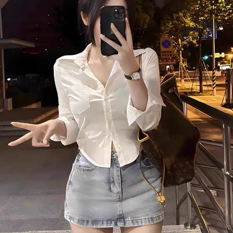 Áo Sơ Mi Dài Tay Bó Sát Eo, Phong Cách Preppy Nữ, Phong Cách Dễ Thương Và Gợi Cảm, Dễ Phối Đồ, Áo Sơ Mi Trắng, Áo Ôm Sát Bên Trong, Áo Trơn Hàng Mới Về, Bán Chạy Women Top Shirt 4