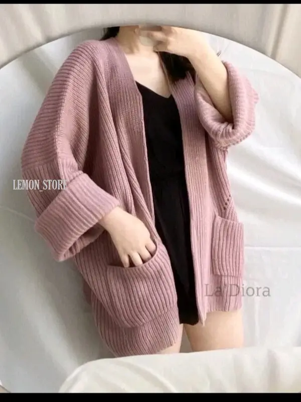 LAVELA Cardigan Rajut Jumbo XXL 3XL 4XL - oversize - Kardigan- lengan panjang - OUTER- cardy-big size-COD Wanita Simple Knitwear Atasan Baju Basic Batwing Hitam Top Kancing Sweater 2