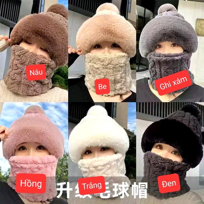 Mũ quả bông kèm khăn quàng bịt kín ấm áp cho mùa đông họa tiết len nổi Hat Nón Women Nữ 0