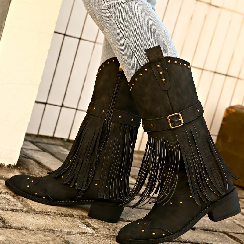 Product Introduction of Fashion-forward Womens Tassel Heel Boots - Luxurious Tassel Accents & Shimmering Beads, Chunky Heel, Smooth Side Zipper for Easy On/Off, Ultimate Comfort for All-Day Wear Girl Footwear 26