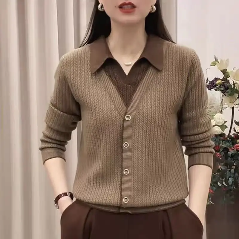 Áo Len Giả Hai Mảnh, Phong Cách Hàn Quốc, Cổ Polo, Dáng Rộng Vừa Vặn, Dễ Phối Đồ Thích Hợp Cho Mùa Xuân Và Mùa Thu, Có Thể Mặc Ngoài Trời, Áo Sơ Mi Lớp Nền Dệt Kim, Hàng Mới Về, Dành Cho Nữ