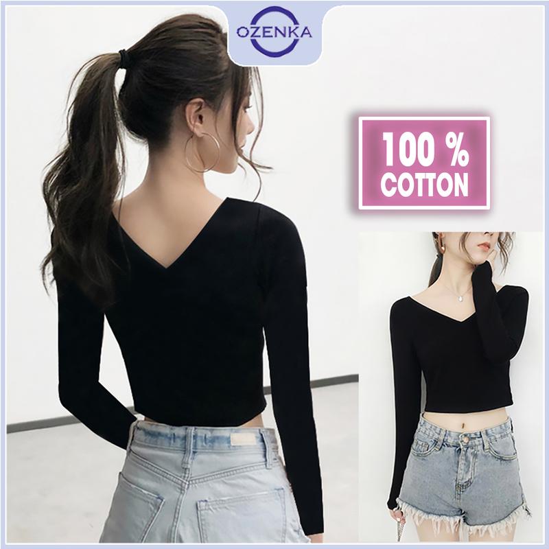 Áo croptop tay dài cổ V ôm body OZENKA , ao crt mặc đi học đi chơi đẹp thun gân cotton màu đen trắng free size Áo Thun Nữ Jean Sơ Mi Women Voi Shirt