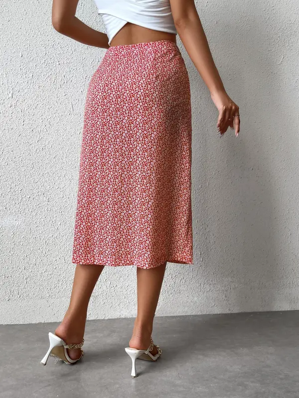 Women's Ditsy Floral Print Button Front Skirt, Casual High Waist Midi Skirt for Spring & Fall, Women's Bottoms for Daily Wear 1