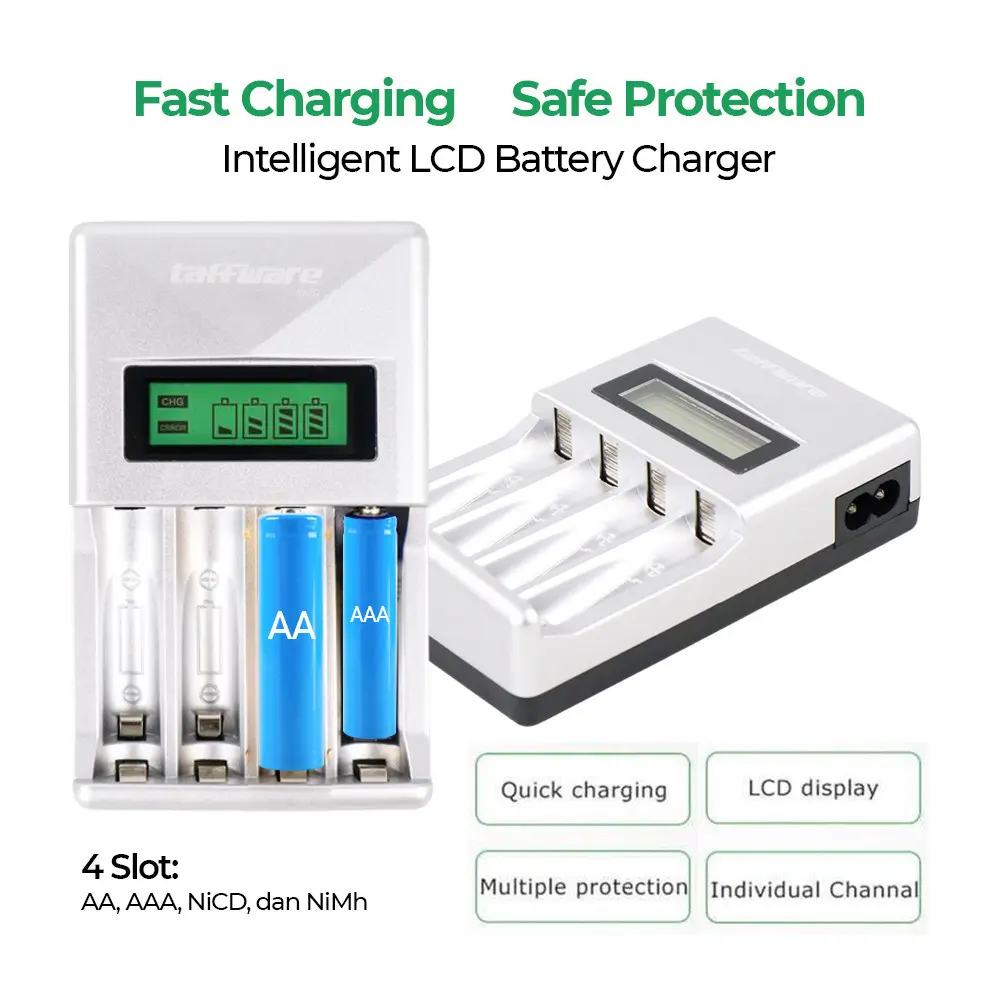 Taffware Pengisi Daya Baterai 4 Slot LCD: Isi Daya AA, AAA, NiMH & NiCD Cepat & Aman