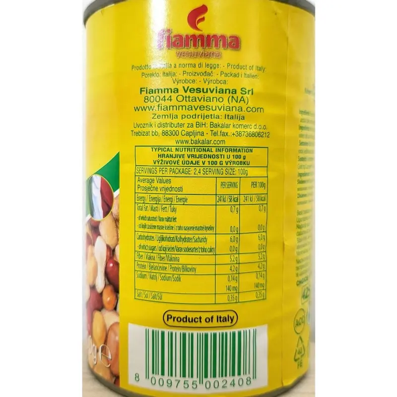 FIAMMA - Lon 400g - ĐẬU HỖN HỢP (đậu đỏ, đậu răng ngựa, đậu bơ, đậu trắng) Ý VESUVIANA Four Beans Salad (HALAL) 4