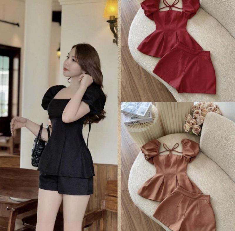 Sét bộ áo peplum cổ vuông tay phồng kèm quần short sét bộ đi chơi nữ bigsize Kim Ngân từ 50kg đến 100kg M/L/XL/XXL SBTH30