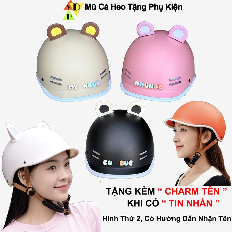 Nón bảo hiểm cá heo nam nữ cao cấp lót nâu tặng kèm quà tặng tai gấu và charm tên gắn mũ