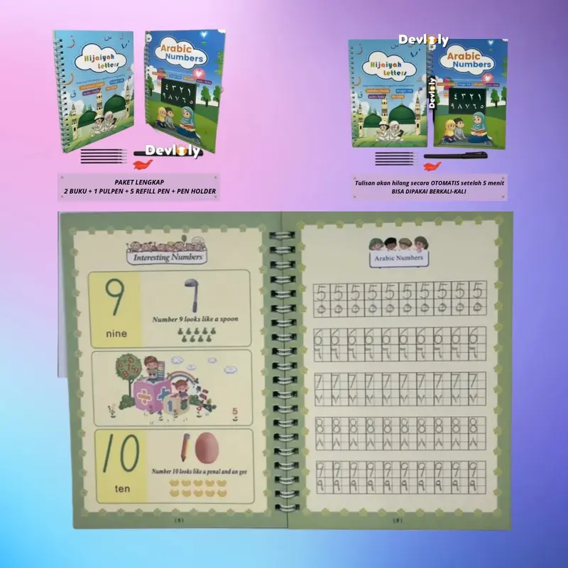 COD / 1 Set 2 Buku Magic Pratice Book Hijaiyah & Arabic Numbers Buku Belajar Menulis Buku Magic 3D pena karton stationery 5