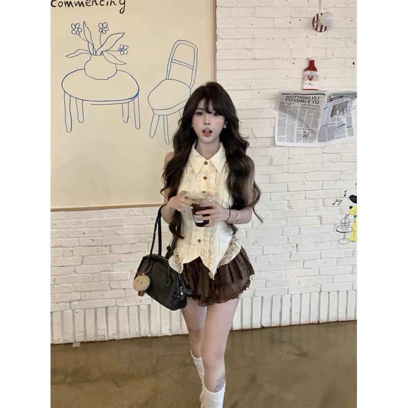 Set áo sơ mi sát nách viền bèo phối chân váy ngắn màu nâu Set đồ nữ dễ thương mặc đi học đi chơi 182