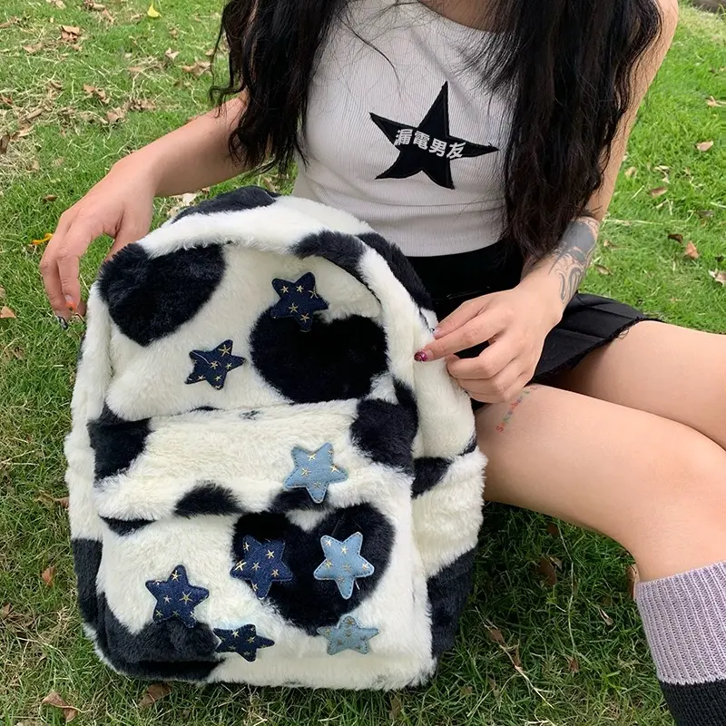 Tas ransel wanita import tas cewek sekolah kece Ransel Wanita Bintang Lima Milenial yang Menggemaskan dengan Desain Leopard Cocok untuk Mahasiswa Serba Guna Terbuat dari Bulu-Bulu Halus Gaya Niche dan Fleksibel Backpack tas ransel sekolah cewek QX152 5