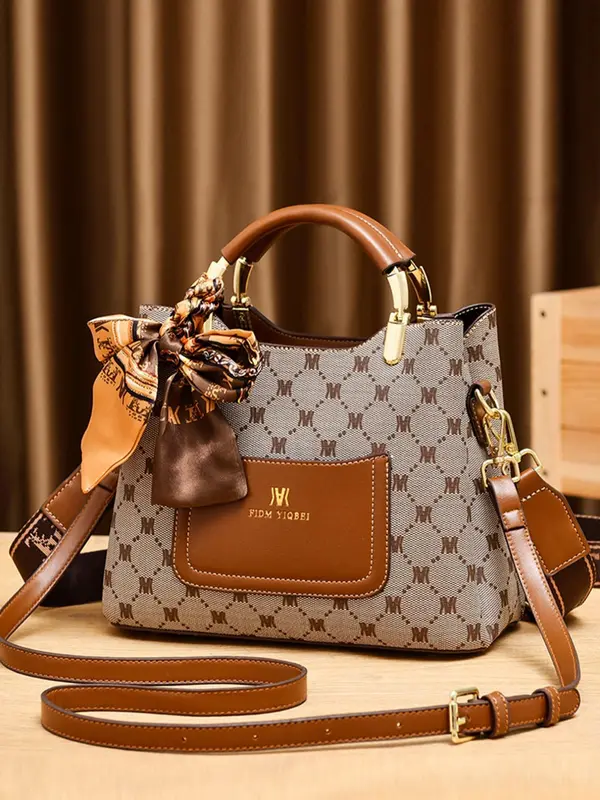 Summer Outfits 2024 Vintage Presbyopia Geometric Print Handbag for Women, New Trendy Bowknot Twilly Satin Scarf Decorated Pu Leather Pocket Designer Commuter Crossbody Bag, Everyday Bag 0