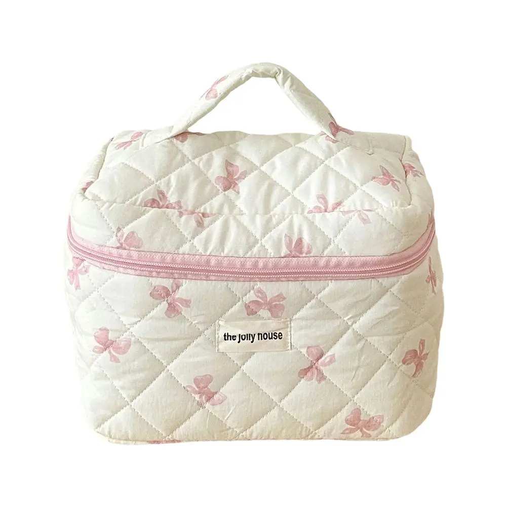 Quilted Bow Makeup Bag Floral Cotton Cosmetic Bag Jolly House Toiletry Bag Coquette Aesthetic Makeup Bag Cosmetic Pouch Bag