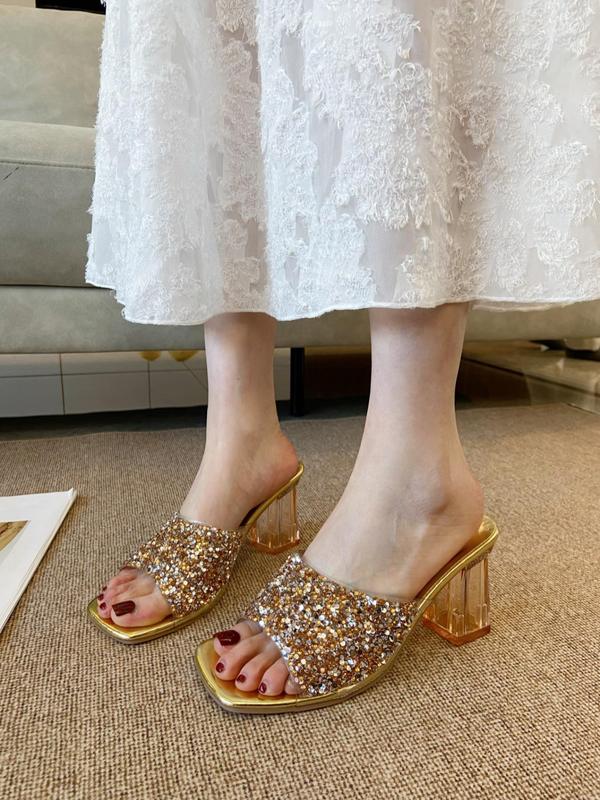 Women's Fashionable Glittering Chain Decorated Heeled Sandals, Elegant Square Toe High Heel Sandals for Party, Daily Clothing Decor for Women & Girls, Footwear 8