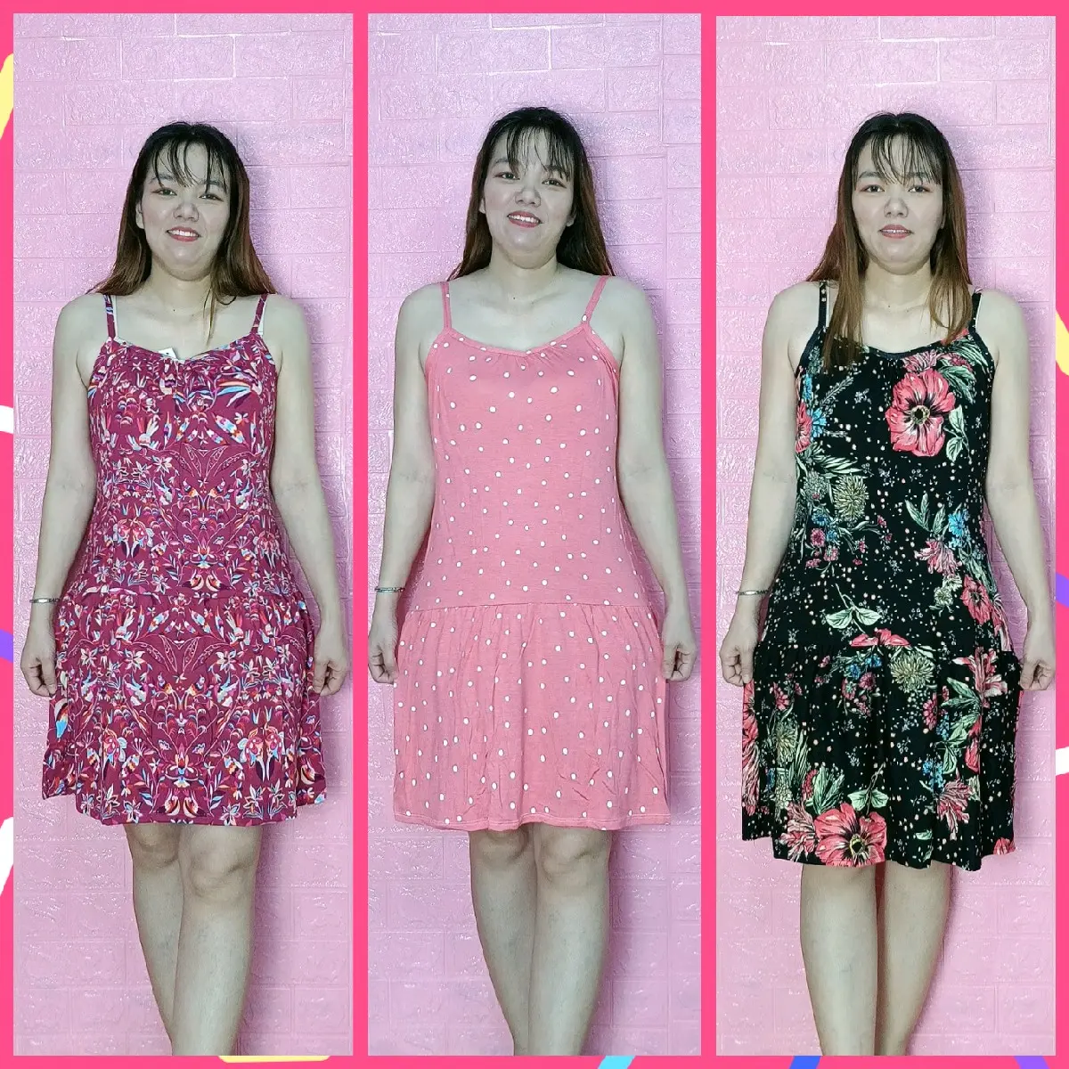 Đầm ngủ Trung Niên thun lạnh 2 dây cổ bèo dài 90cm freesize 45kg-75kg Nữ Women Dress