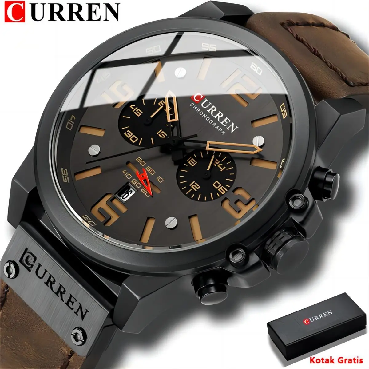 CURREN 8314 Jam Tangan Pria Analog Tali Kulit Chronograph Aktif Jam Kuarsa Kalender Otomatis Tahan Air Militer Cowok Watches