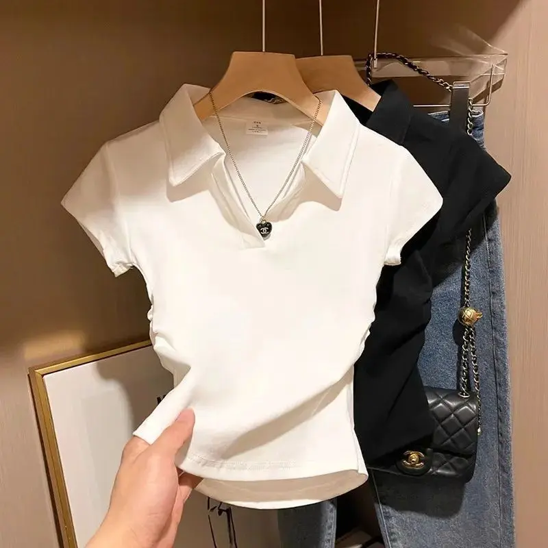 Áo Thun Nữ, Màu Trắng, Cổ Polo, Dài Đến Vai, Ngắn Tay