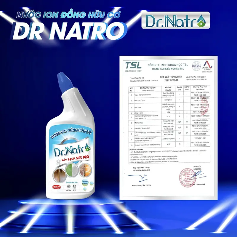 Nước ion Đồng Hữu Cơ Dr Natro - Làm Sạch Rong Rêu, Cặn Canxi, Ron Gạch, Vết Rỉ Sét, Vết Bám Xi Măng,.......Chai 1000ml - Tặng 1 miếng chà nhám + 1 Miếng Cước Tím 2