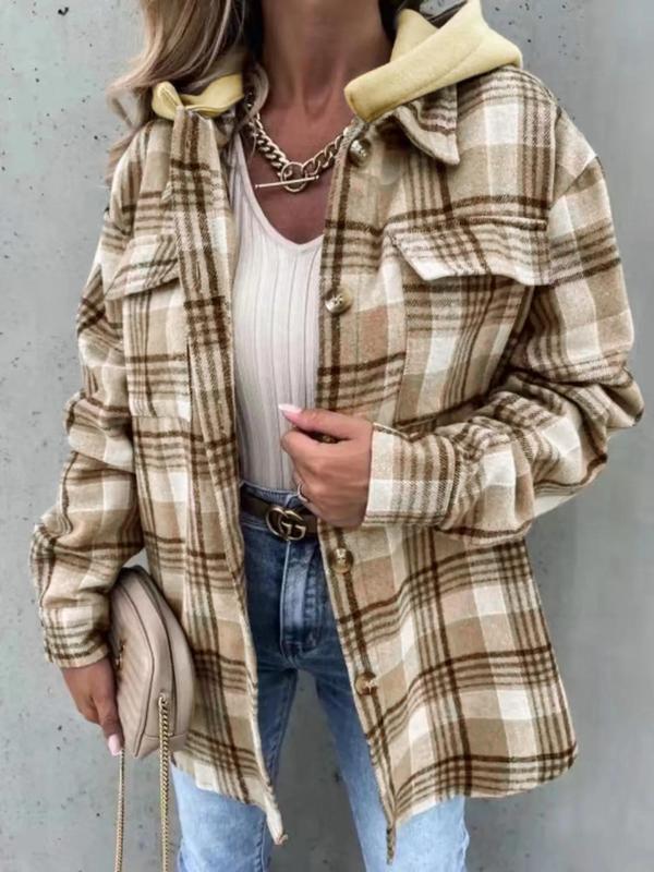Women's Plaid Print Flap Pockets Button Front Hooded Overcoat, Casual Fitted Drop Shoulder Hooded Coat for Fall & Winter, Women's Clothing, Please Purchase A Size Up 3